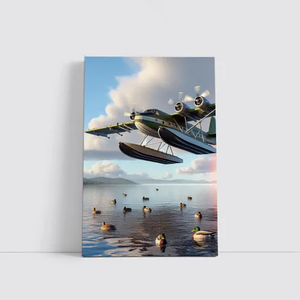 Seaplane Flying Low Over Calm Lake