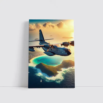 Military Cargo Plane Flying Over Tropical Island