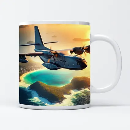 Military Cargo Plane Flying Over Tropical Island