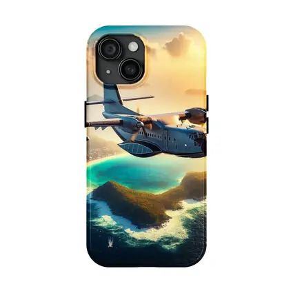 Military Cargo Plane Flying Over Tropical Island