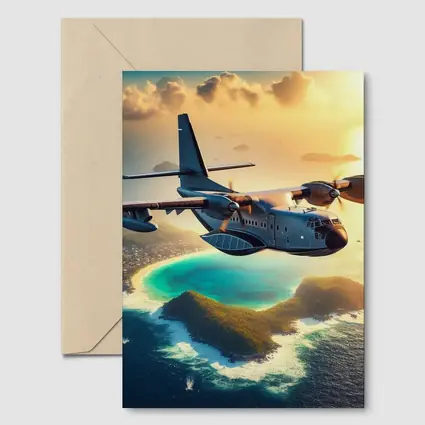 Military Cargo Plane Flying Over Tropical Island