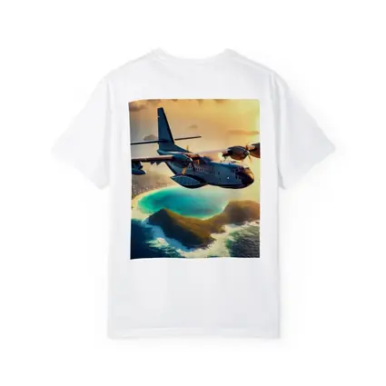 Military Cargo Plane Flying Over Tropical Island