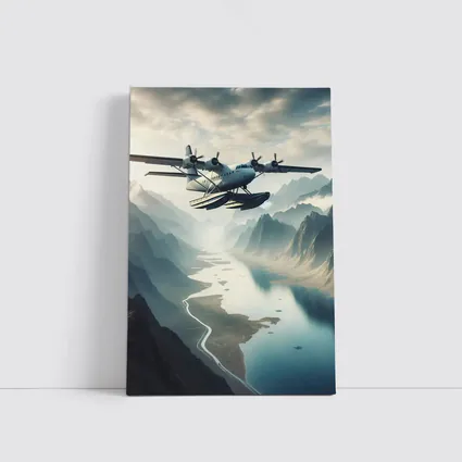 Seaplane Flying Over Mountain River Valley
