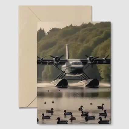Seaplane Landing On Calm Lake With Ducks