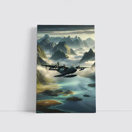 Seaplane Flying Over Misty Mountain Archipelago