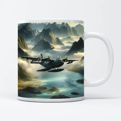 Seaplane Flying Over Misty Mountain Archipelago