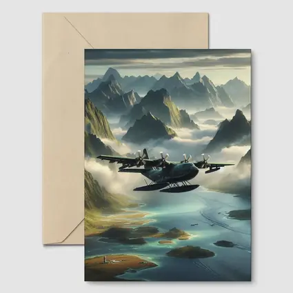 Seaplane Flying Over Misty Mountain Archipelago