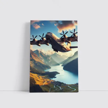 Military Cargo Plane Flying Over Mountain Lake
