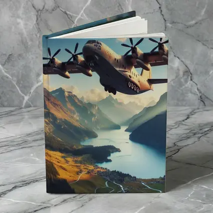 Military Cargo Plane Flying Over Mountain Lake