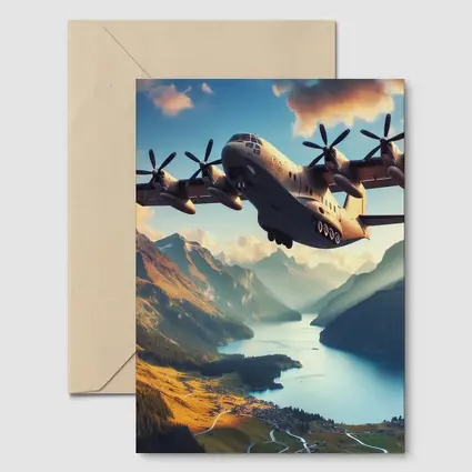 Military Cargo Plane Flying Over Mountain Lake