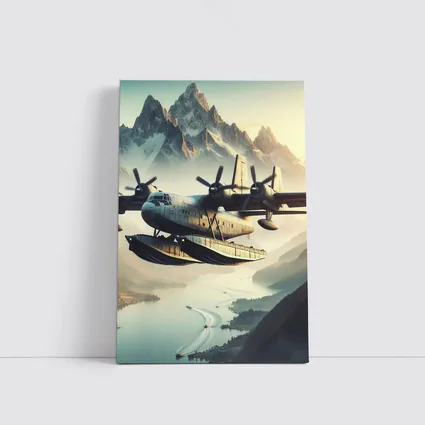 Flying Boat Seaplane Over Mountain Lake