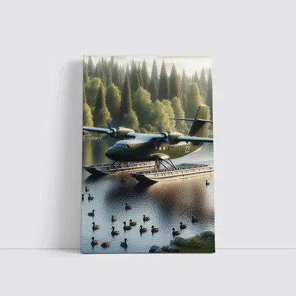 Military Floatplane Landing On Calm Forest Lake