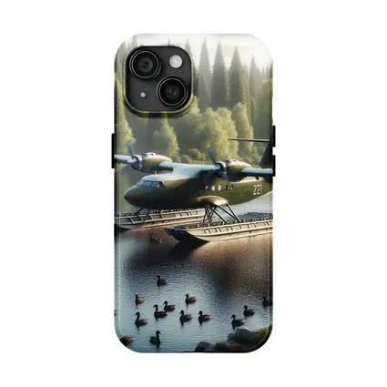 Military Floatplane Landing On Calm Forest Lake