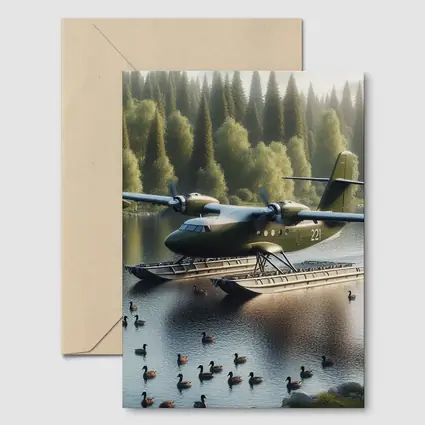 Military Floatplane Landing On Calm Forest Lake