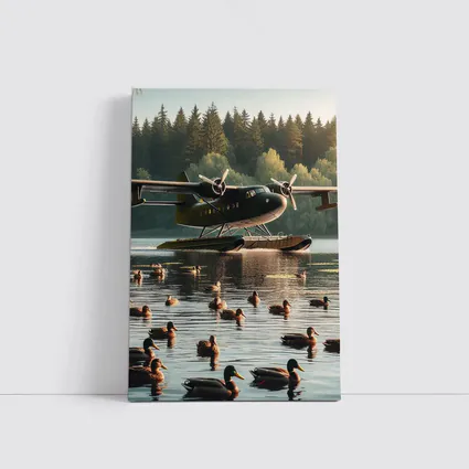 Seaplane on Lake With Mallard Ducks