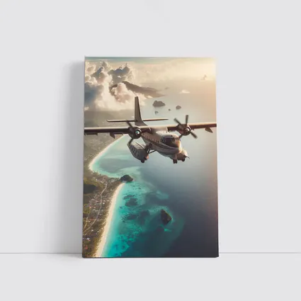 Propeller Plane Flying Over Tropical Island