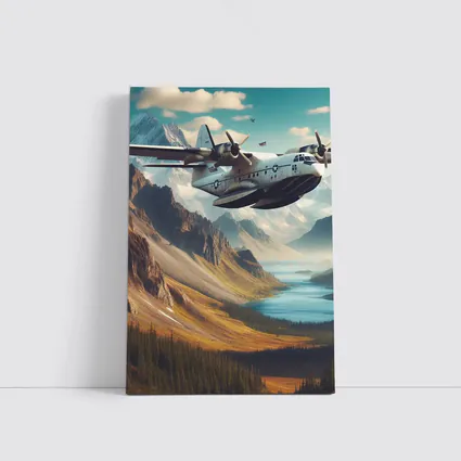 Military Seaplane Flying Over Mountain Valley