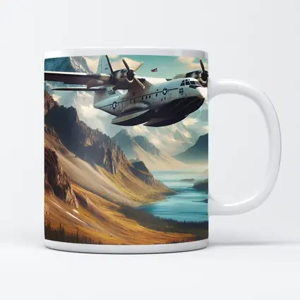 Military Seaplane Flying Over Mountain Valley