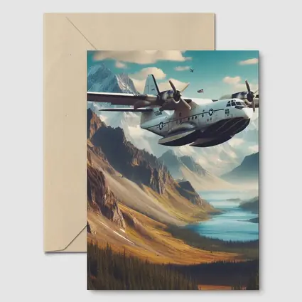 Military Seaplane Flying Over Mountain Valley
