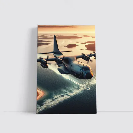 Military Cargo Plane Flying Over Coastal Islands