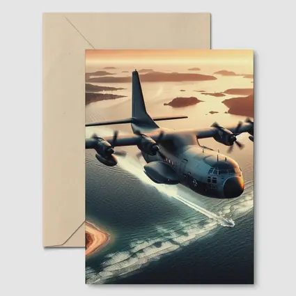 Military Cargo Plane Flying Over Coastal Islands