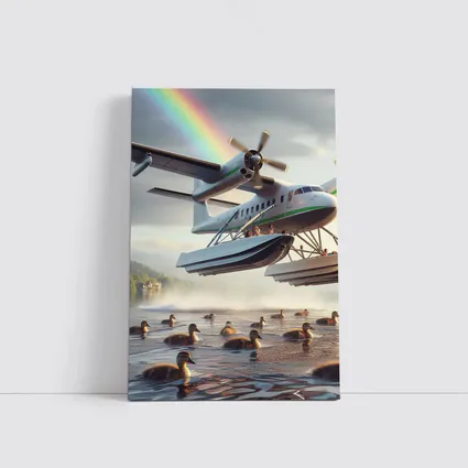 Seaplane Landing on Lake With Rainbow