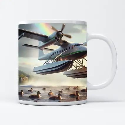 Seaplane Landing on Lake With Rainbow