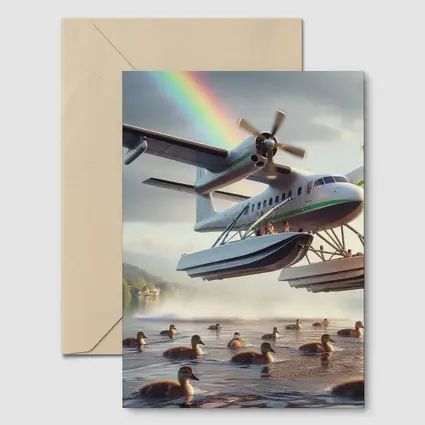 Seaplane Landing on Lake With Rainbow