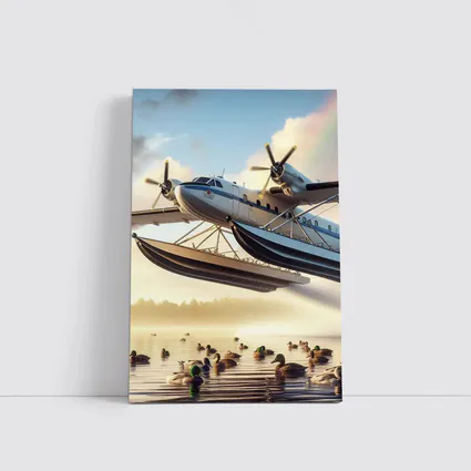 Seaplane Flying Over Misty Lake Ducks
