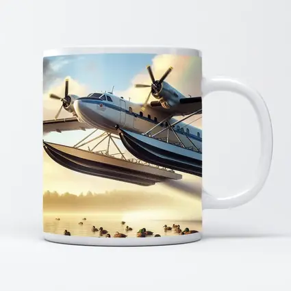 Seaplane Flying Over Misty Lake Ducks