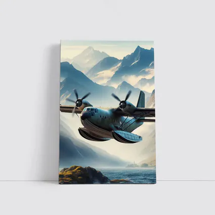 Twin Engine Seaplane Flying Over Mountain Lake