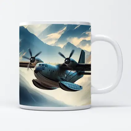Twin Engine Seaplane Flying Over Mountain Lake