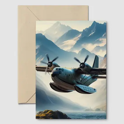 Twin Engine Seaplane Flying Over Mountain Lake