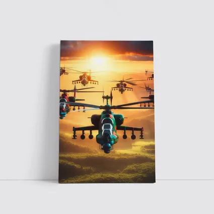 Attack Helicopters Flying Over Golden Sunset