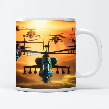 Attack Helicopters Flying Over Golden Sunset