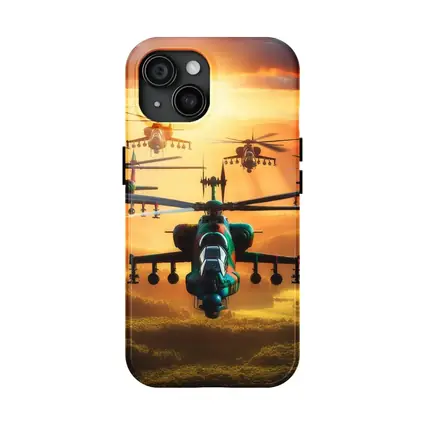 Attack Helicopters Flying Over Golden Sunset