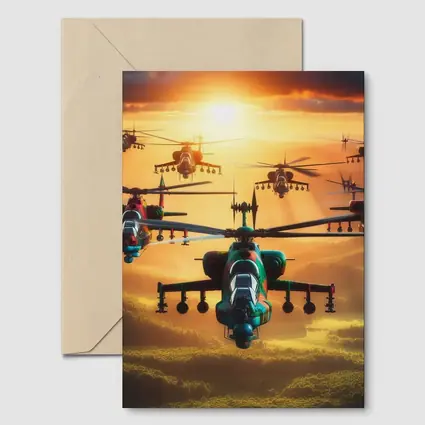 Attack Helicopters Flying Over Golden Sunset