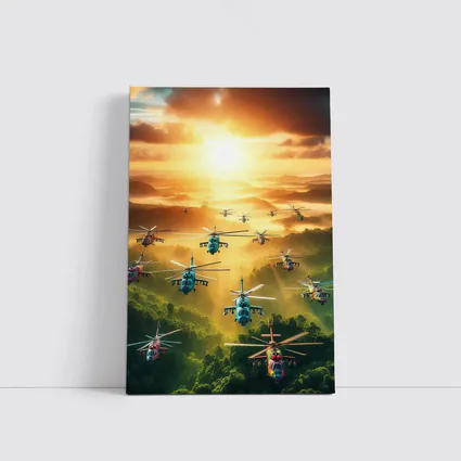 Military Helicopters Flying Over Jungle Sunset
