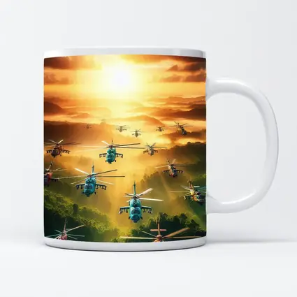 Military Helicopters Flying Over Jungle Sunset