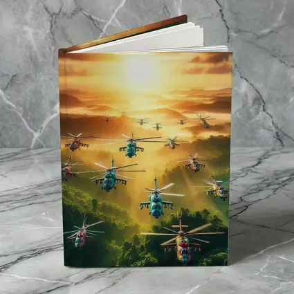 Military Helicopters Flying Over Jungle Sunset