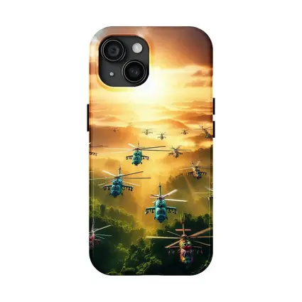 Military Helicopters Flying Over Jungle Sunset