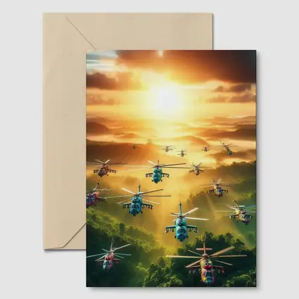 Military Helicopters Flying Over Jungle Sunset