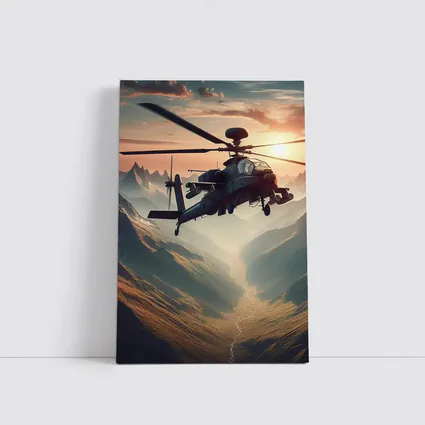 Military Apache Helicopter Flying Over Mountain Valley