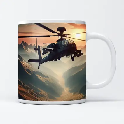 Military Apache Helicopter Flying Over Mountain Valley