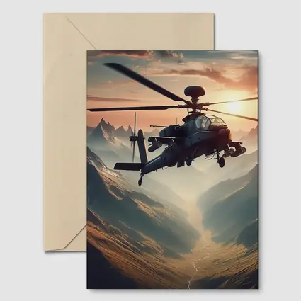 Military Apache Helicopter Flying Over Mountain Valley
