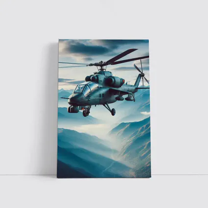 Military Attack Helicopter Flying Over Mountain Landscape