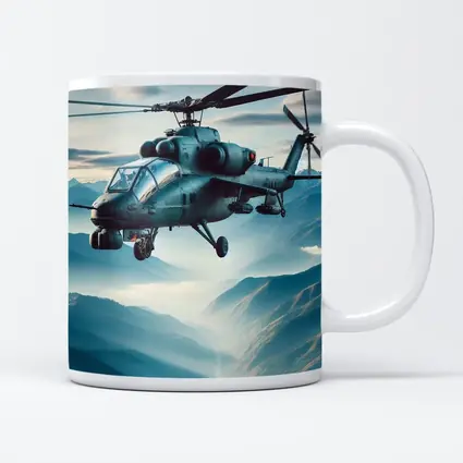 Military Attack Helicopter Flying Over Mountain Landscape