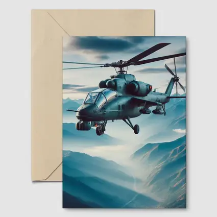 Military Attack Helicopter Flying Over Mountain Landscape