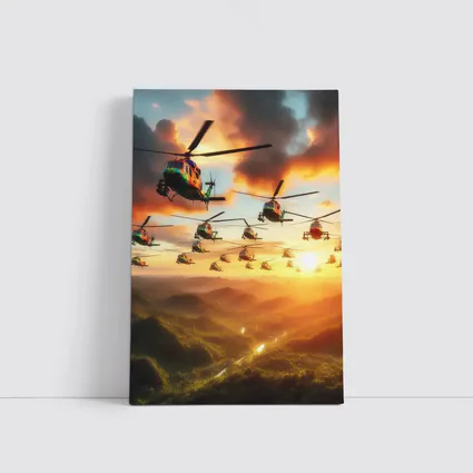 Military Helicopters Flying Over Jungle Sunset
