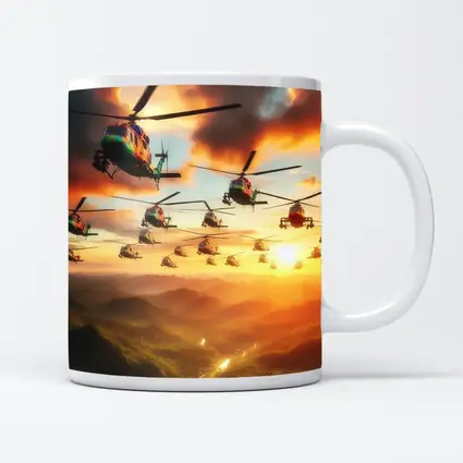 Military Helicopters Flying Over Jungle Sunset